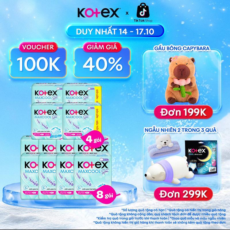 [QUÀ TẶNG HOT] 8 gói băng vệ sinh Kotex Maxcool French Spa siêu mỏng cánh 23cm 8 miếng/gói, Mặt bông, Thấm hút tốt, Chống tràn, Khử mùi, mát lạnh êm  + 4 gói băng vệ sinh Kotex Maxcool French Spa Siêu mỏng cánh 23cm 20 miếng/gói