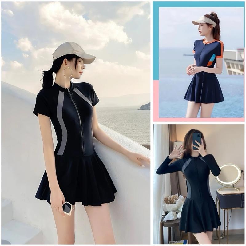 Bikini Liền Thân Dồ Bơi Nữ Một Mảnh Dạng Váy Đi Biển Áo Tắm Khóa Zip Tay Cọc Tay Dài Xinh Xắn Thun Lạnh Cao Cấp