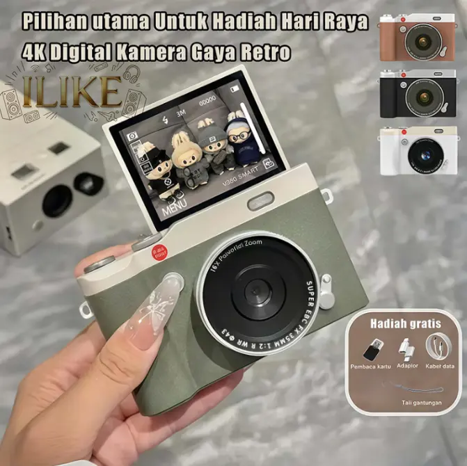 ILIKE Kamera Digital Retro V380 4K 68MP CCD Layar 2.4 Inci Zoom 16X Desain Mini Lipat 180 Derajat untuk Pemula Remaja Dewasa DSLR Core - Kamera CCD Y02 dengan Zoom HD 8X & 16X untuk Foto Retro Kekinian