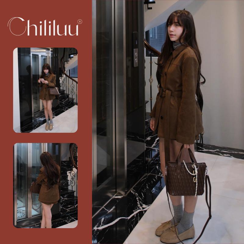 Áo khoác nữ Chililuu áo vest da lộn hai lớp dày dặn form giấu quần phong cách Hàn Quốc