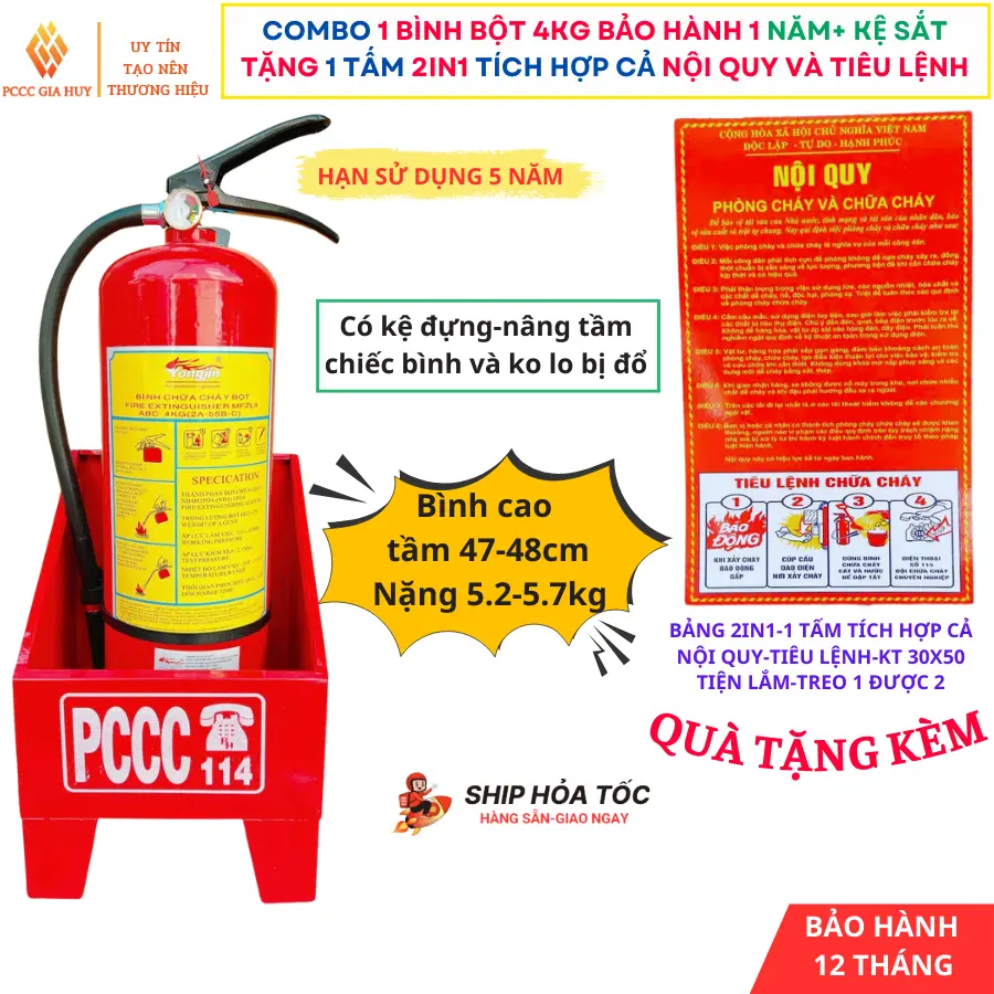 Bình chữa cháy Bột ABC 4kg,bình Cứu hỏa 4kg- Bảo Hành 1 Năm - Tặng Kèm Bảng 2IN1 ( NQTL TÍCH HỢP ) trang bị nhà ở, nhà trọ, văn phòng, hộ kd..