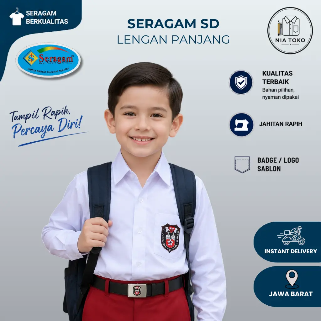Baju SERAGAM SD Lengan Panjang  BADGE / LOGO SD SABLON Merek SERAGAM cowok cewek
