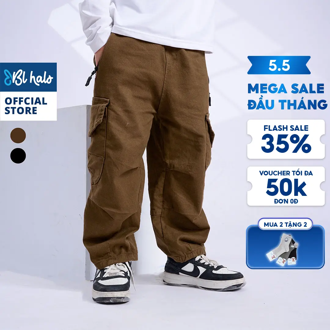 Quần Kaki Bé Trai 8-38Kg (2-9 Tuổi) BL HALO, Quần Dài Bé Trai 2 Màu Túi Hộp Ống Rộng Phong Cách Năng Động Cá Tính QDK11