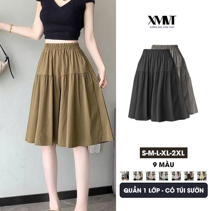 Quần váy dáng lỡ bigsize cạp chun phom xoè mặc mọi dịp thoải mái phong cách quần short lửng giả váy kiểu Hàn Quốn QL81-LỬNG Nữ Women Bo Chun Xếp Ly quần váy tầng mini shorts Đen Kem