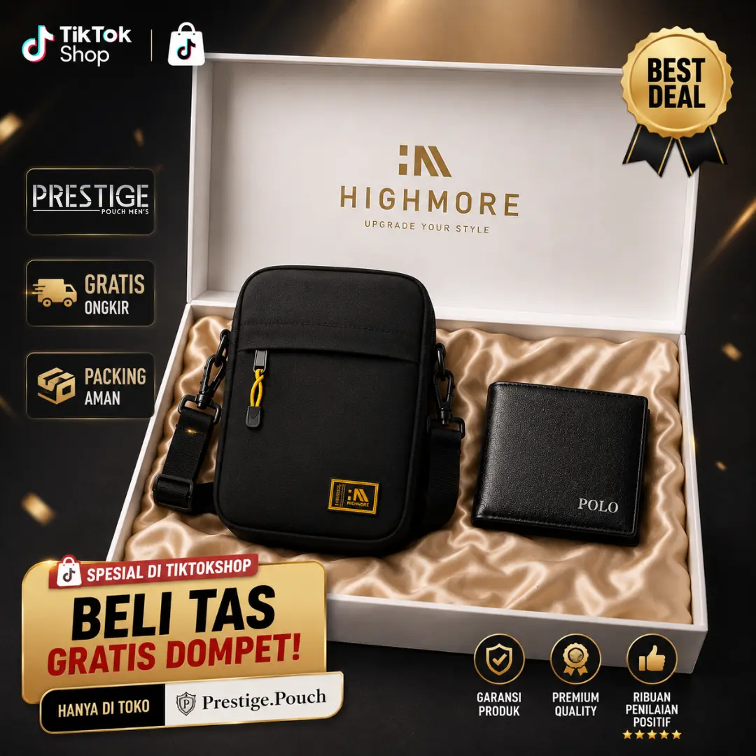 [BELI 1 DAPAT 2] - HIGHMORE Tas Selempang Hitam Pria Premium + Dompet POLO Elegant | Paket Hemat Beli 1 Dapat 2 Kulit Pria Selempang