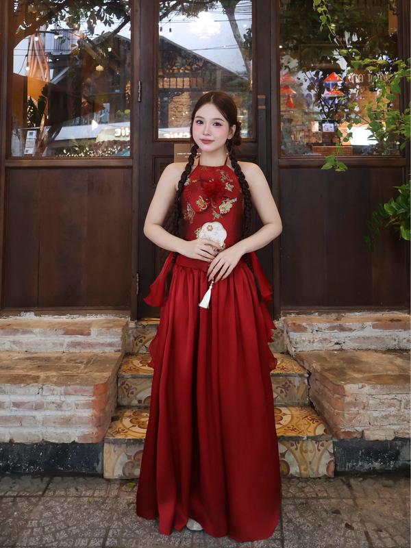 Set áo yếm đính hoa to buộc cổ tua rua chân váy lưng chun Mẫu mới Tết 2026 Ảnh thật Sẵn