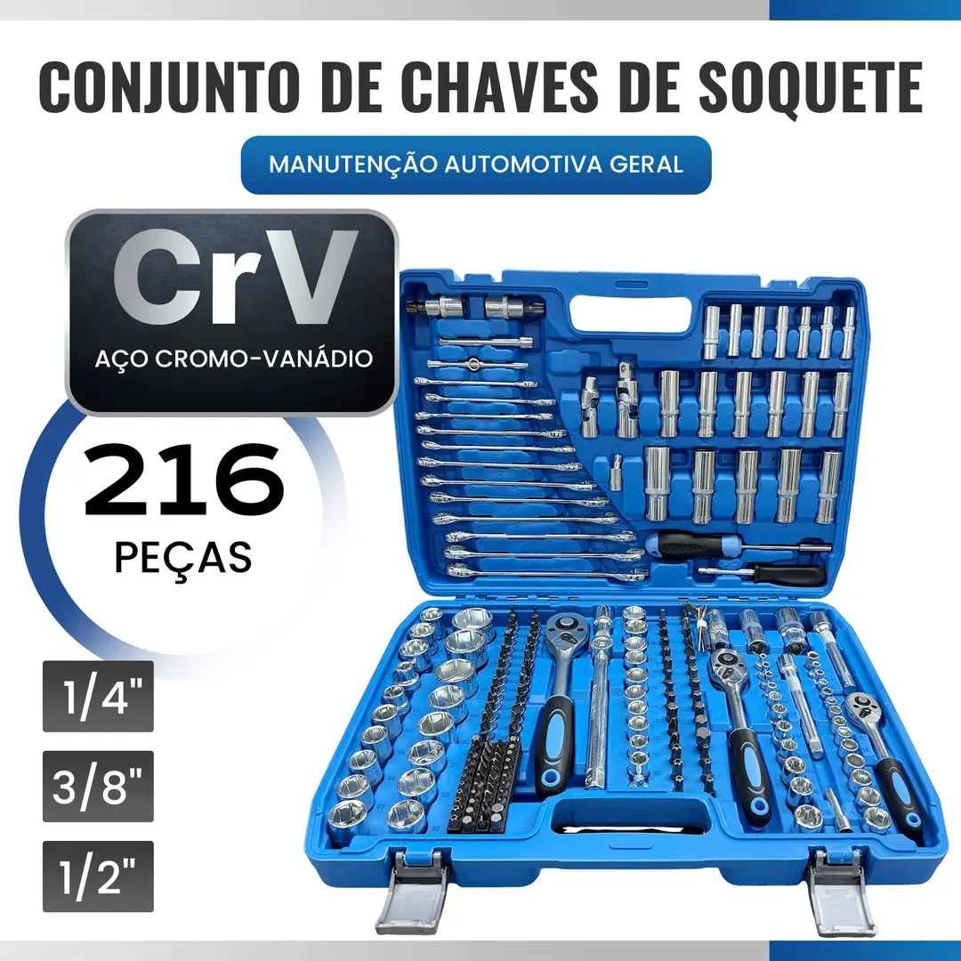 Conjunto de Chaves de Soquete 216 Peças em Aço Cromo-Vanádio (CrV), 1/4