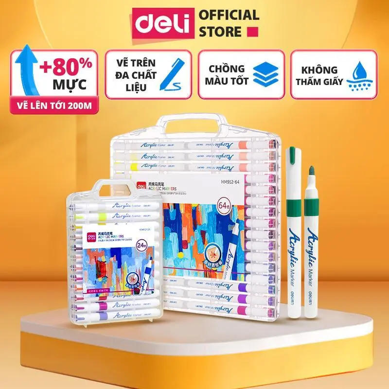 [TĂNG 80% MỰC] Bút màu sơn Acrylic Marker 100 màu Deli - Nhiều hơn 80% mực 12/24/36/48/64/80 Màu - Hộp nhựa, có quai xách tiện lợi, chống thấm nước, tô màu đậm, thích hợp đi nét DIY vẽ quần áo giày ký áo cho mùa kỷ yếu tốt nghiệp