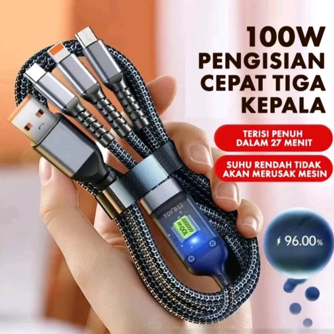 Kabel Data 3in1 Fast Charging Micro Type C Lightning With LED Indikator Cable Konektor Pengisi Telepon