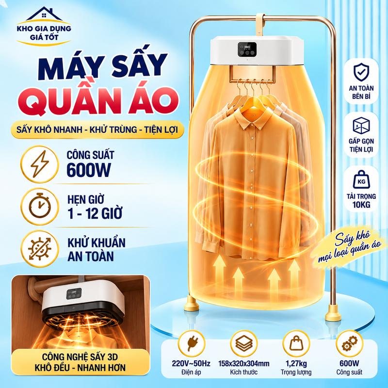 Máy Sấy Quần Áo 600W Công Nghệ Sấy 3D, Gấp Gọn, Khô Nhanh, Khử Khuẩn, Hẹn Giờ Thông Minh