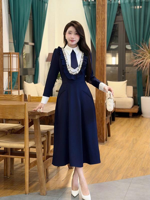  Váy Đầm Thiết Kế Ella Desgin dành cho nữ kiểu dáng váy midi dài tay  cổ bẻ phối trắng   tặng kèm cà vạt   phù hợp mặc đi làm ,đi chơi  có bigsize B75 