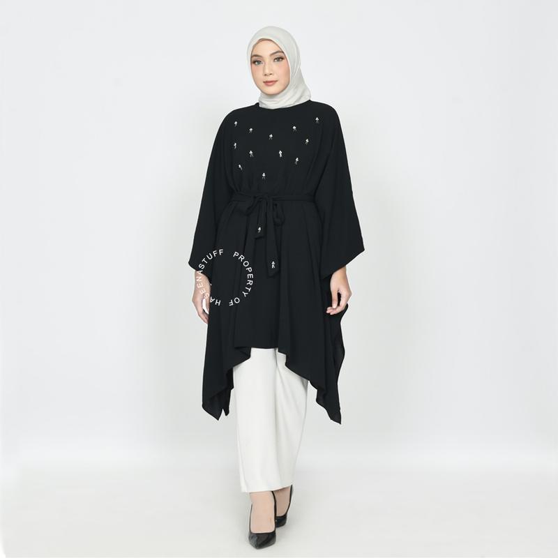 Haseena - Haifa Tunik Premium Aksen Payet // Baju Atasan Wanita Tunik Melayu Batwing Muslim Hitam 2