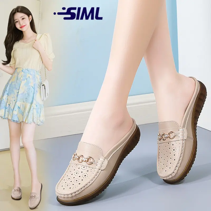 Giày Da, Phong Cách Hàn Quốc Của Phụ Nữ, Thiết Kế Khoét Lỗ, Thoáng Khí, Nhẹ, Giày Lười Phẳng, Mềm Mại, Không Trơn Trượt, Giày Đi Bộ, Dễ Phối Đồ, Thường Ngày, Thích Hợp Cho Giới Trẻ, Kiểu Buộc Dây, Nửa Giày Shoes