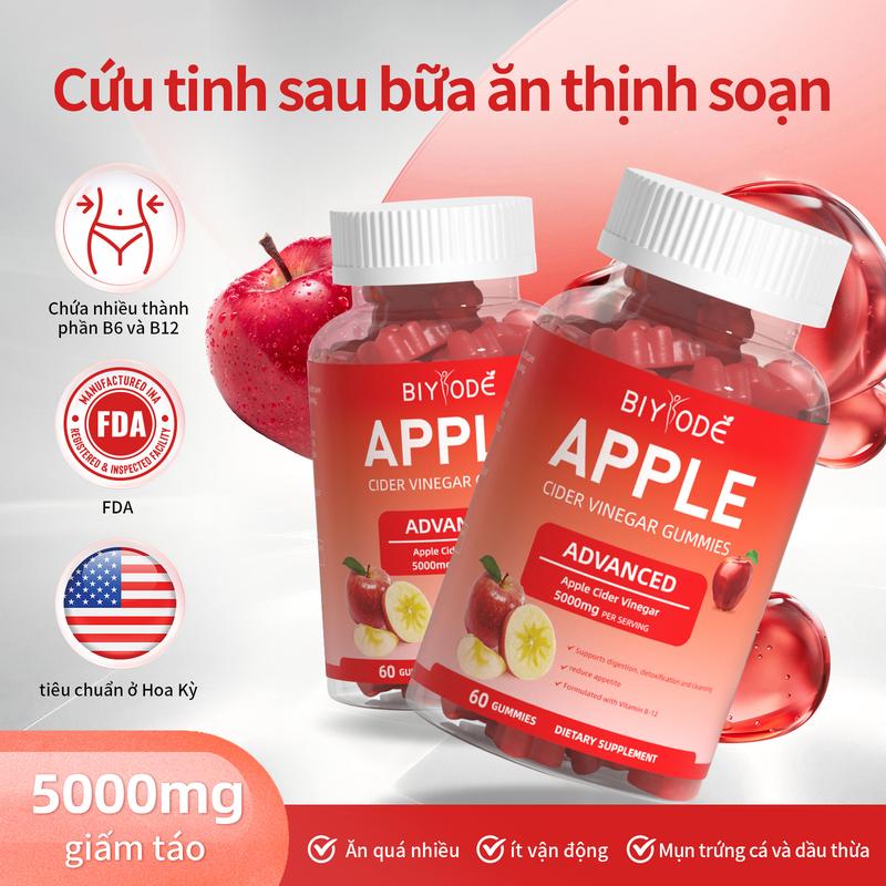 BIYODE Kẹo dẻo Giấm táo , 1000mg Giấm táo nguyên, 60 viên, bổ sung Vitamin B6, B12, Axit folic, bột củ dền & bột lựu - Snack, Food