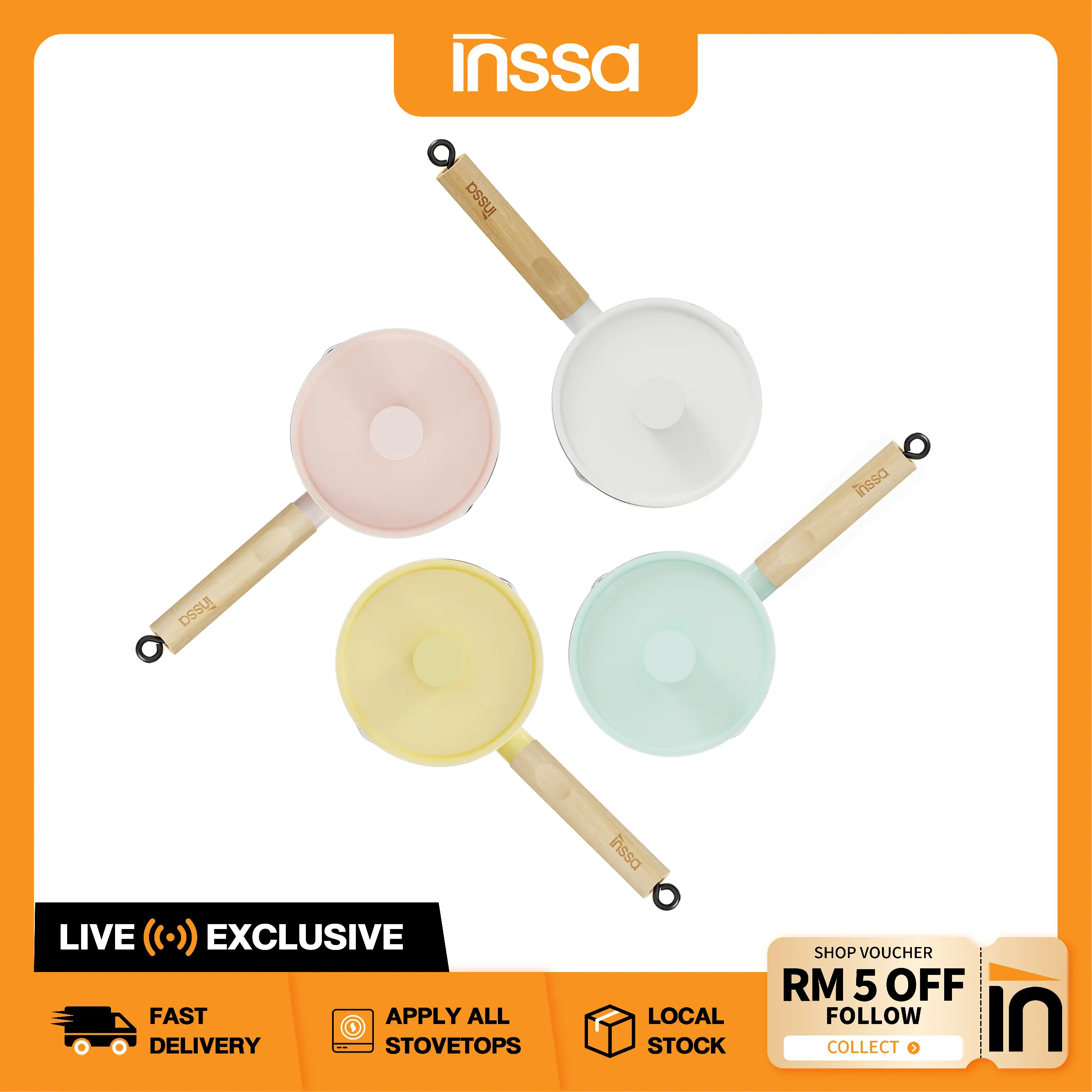 【LIVE EXCLUSIVE】Inssa Saucepan 16cm With Glass Cover Lid Macaron Frying Pan Non-Stick Pot Cooking Boiling Kitchenware