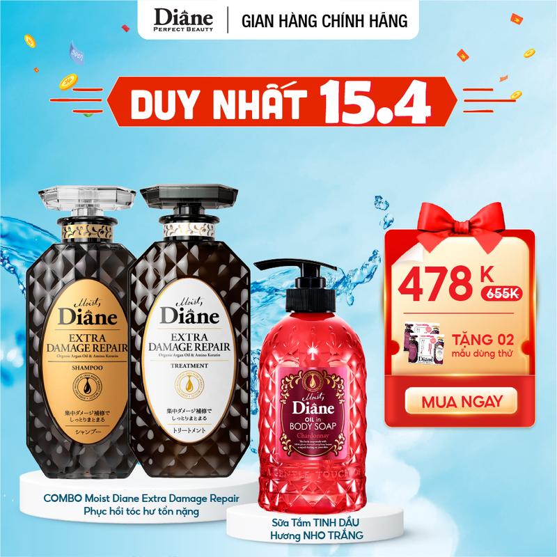 Combo dầu gội xả phục hồi gãy rụng khô xơ chẻ ngọn tóc hư tổn nặng Moist Diane Extra Damage Repair 450ml*2 + Sữa Tắm Dưỡng ẩm và Sáng mịn da Moist Diane Oil in Body Soap Chardonnay 500ml