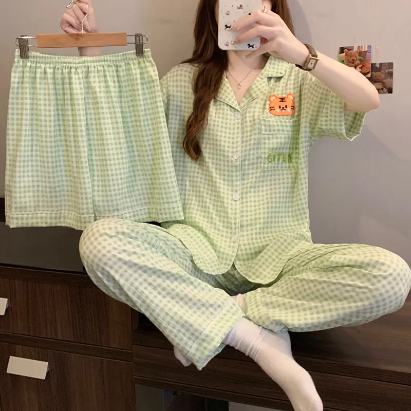 Baju Tidur Wanita 3 in 1 Piyama Perempuan Cloud Cotton SET Atasan Lengan Pendek + Celana Pendek & Panjang Bahan Motif Lucu & Nyaman Ukuran L XL XXL