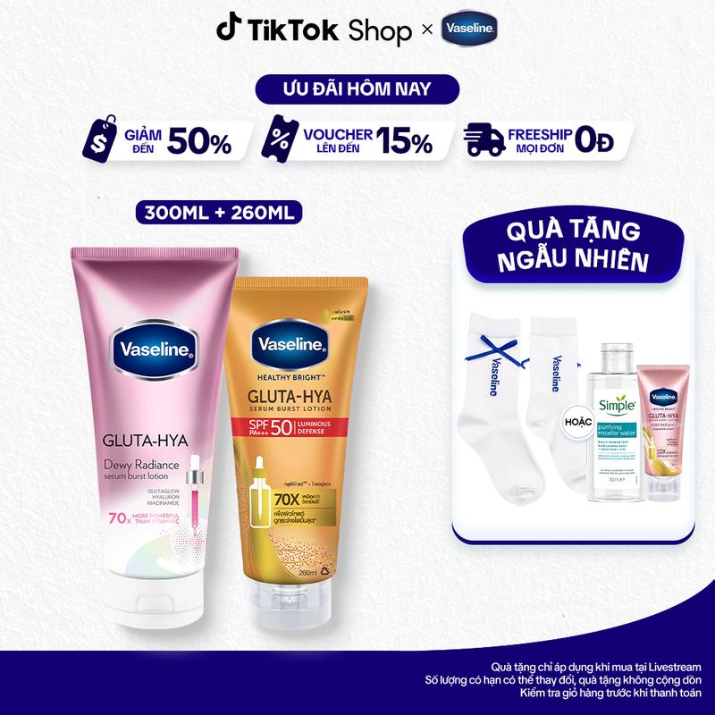 Combo 2 Sữa Dưỡng Da Body Vaseline Gluta-Hya LotionLotion Hỗ Trợ Dưỡng Sáng Da Và Chống Nắng 300 ML/chai, 260ML/chai (bao bì tùy lô nhập hàng)