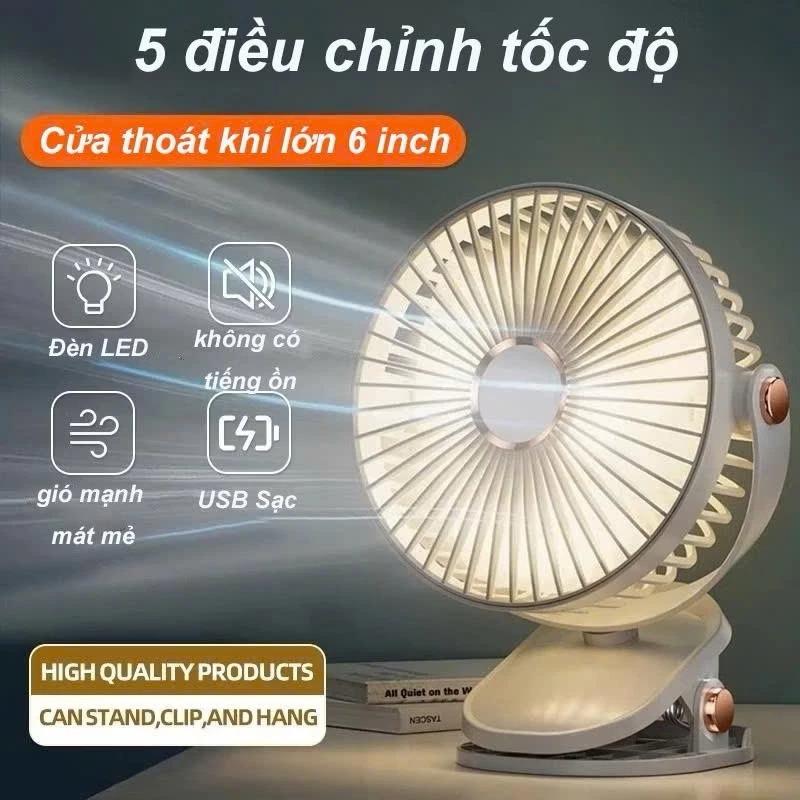 Quạt Kẹp Bàn Mini Tích Điện 5 Chế Độ Gió, Quạt Tích Điện Xoay 360 Độ & Pin sạc, Kèm Đèn Ngủ
