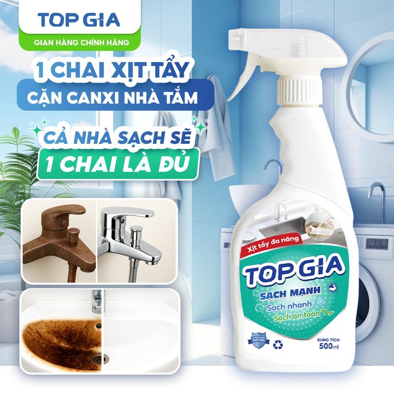    CHAI LỚN 500ML TRẢI NGHIỆM   Chai Tẩy Sạch Nhà Tắm TOP GIA- Cả Nhà Sạch Sẽ-1 Chai Là Đủ- Tẩy Rửa Sạch Mọi Vết Cặn Canxi Mảng Bám Trên Gạch Inox Kính Dùng cho nhà Tắm An Toàn Không Ăn Mòn Dung Tích 500ml Xịt Đa Năng Topgiaclean XĐN 