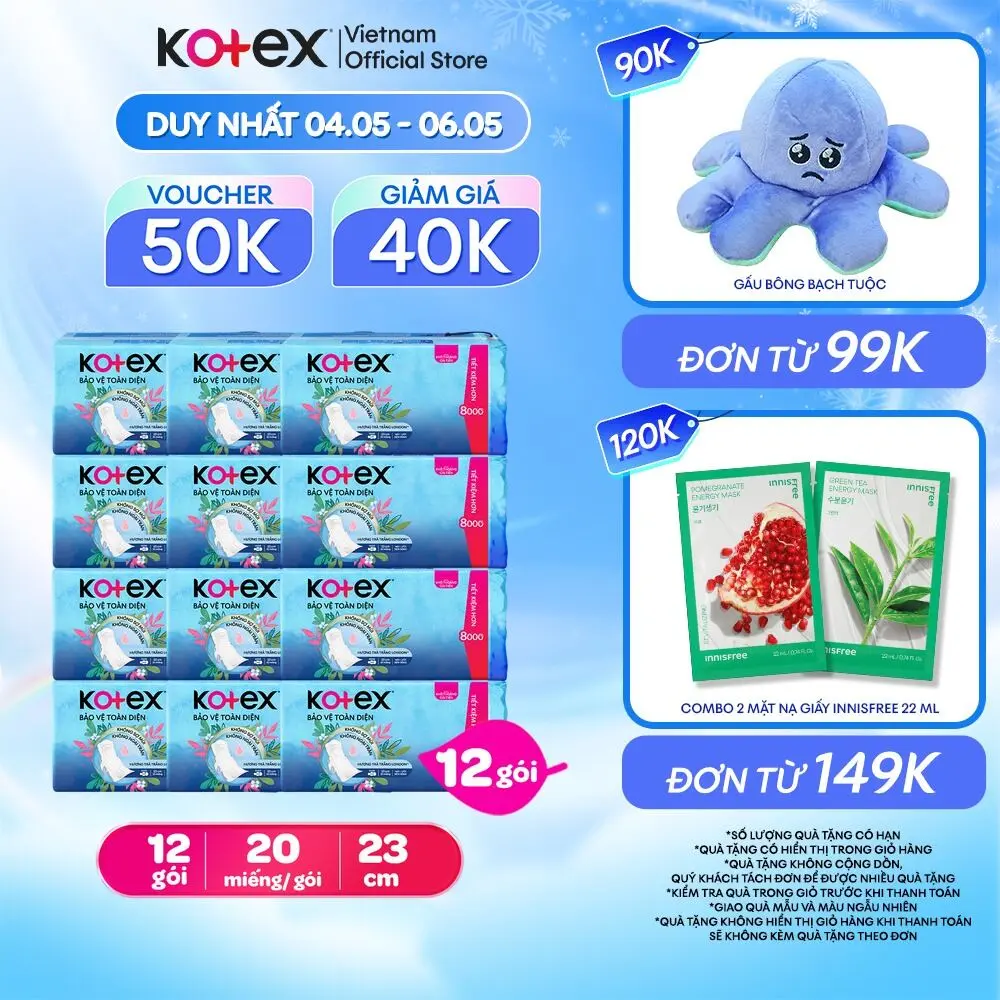 Lốc 4 gói/Combo 12 gói Băng vệ sinh Kotex Hỗ trợ Bảo Vệ 23cm Dày Cánh 20 miếng/ gói