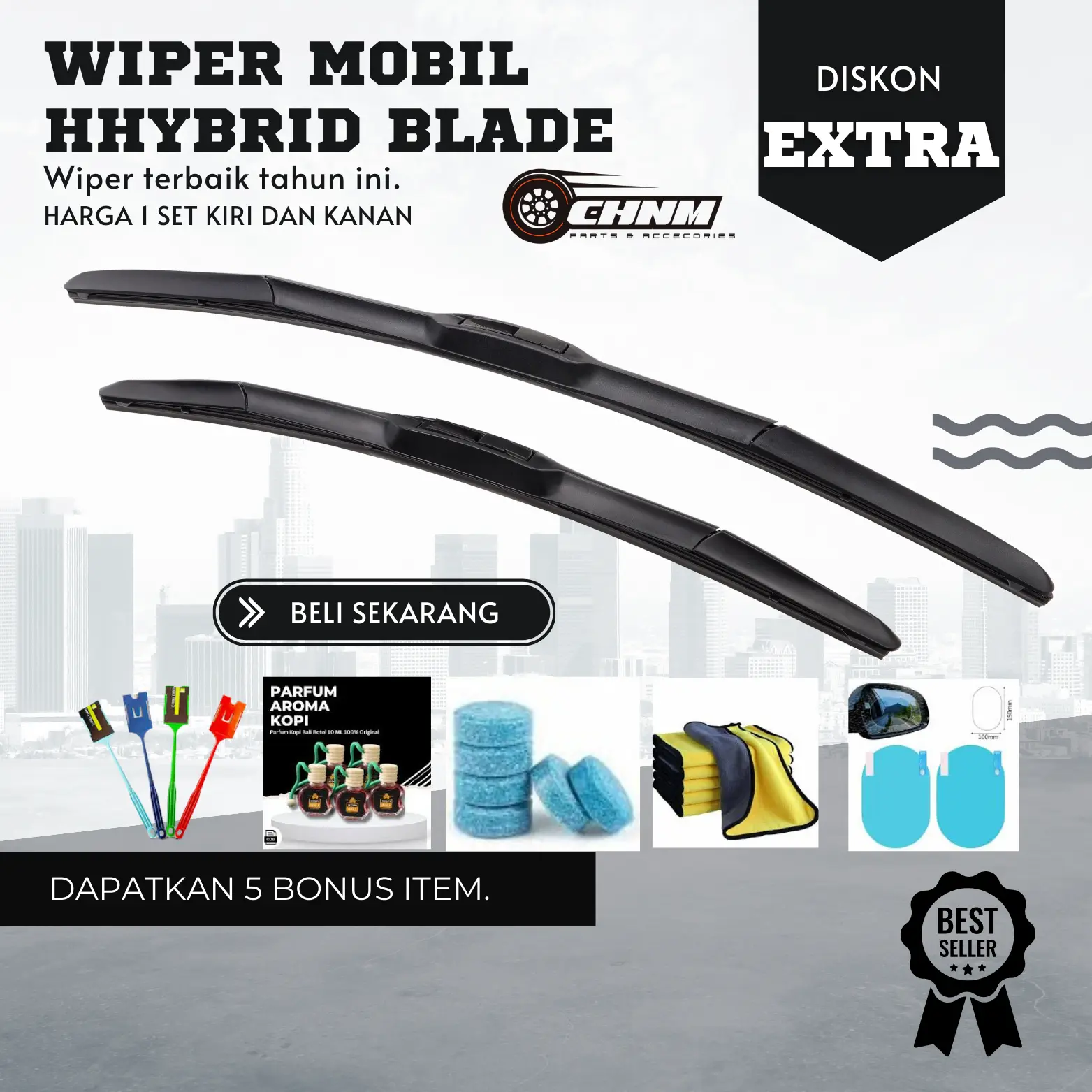 Wiper Hybrid Blade Mobil 1 Set Kiri dan Kanan Bonus 5 Item Universal Semua Jenis Mobil Karet Ganda Kaca Depan Kendaraan