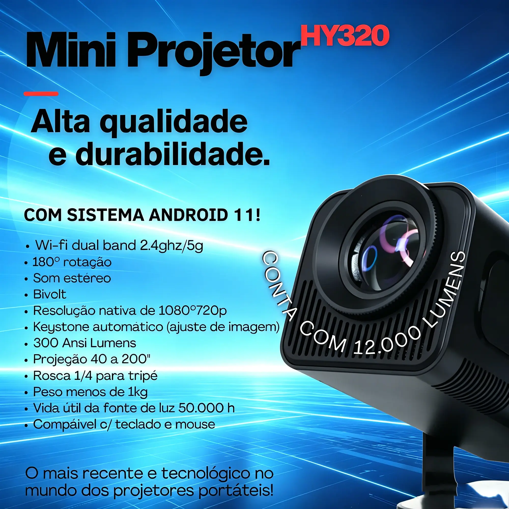 Projetor Portátil VLX HY320 Mini 4K Suporte Android Wi-Fi 6 Bluetooth para Cinema Doméstico - imagem 2