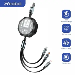 Reabol 3 in 1 Retractable USB 100W Fast Charging Cable Micro USB 5A Type-C for iPhone Samsung Xiaomi