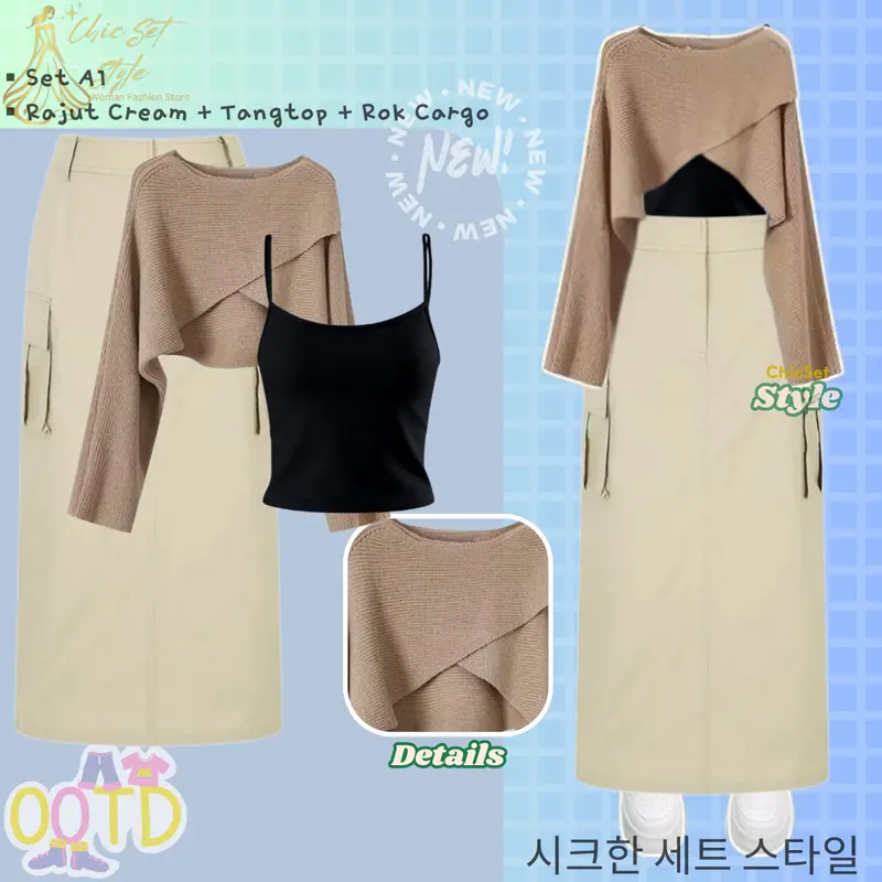 3in1 OOTD Korean Style CS034 One Set Kekinian Rajut Silang Tangtop Rok Cargo Outfit Cantik Outfit Kuliah Casual Setelan Keren Baju Remaja Wanita Atasan Dewasa Panjang 0