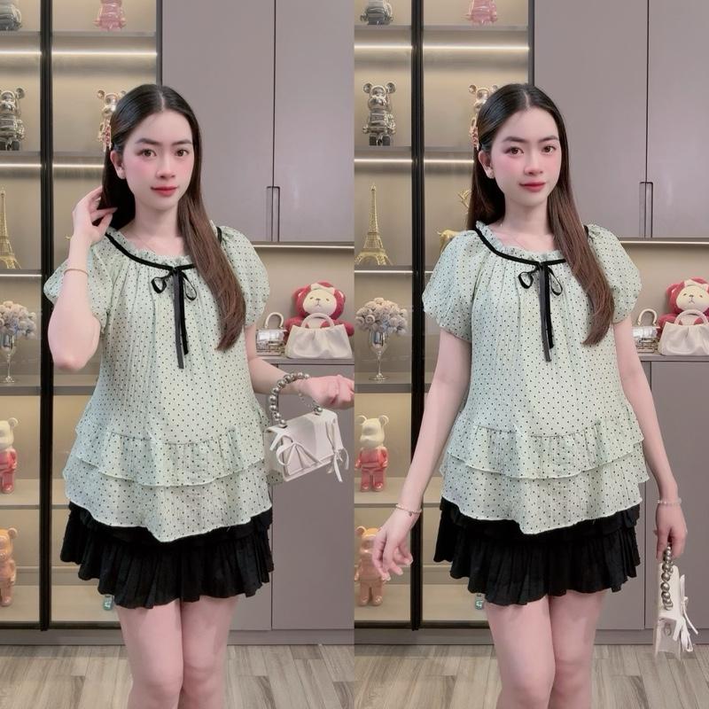 Áo Bầu Babydoll Chấm Bi Cổ Nơ Tay Ngắn Form Rộng Dễ Thương