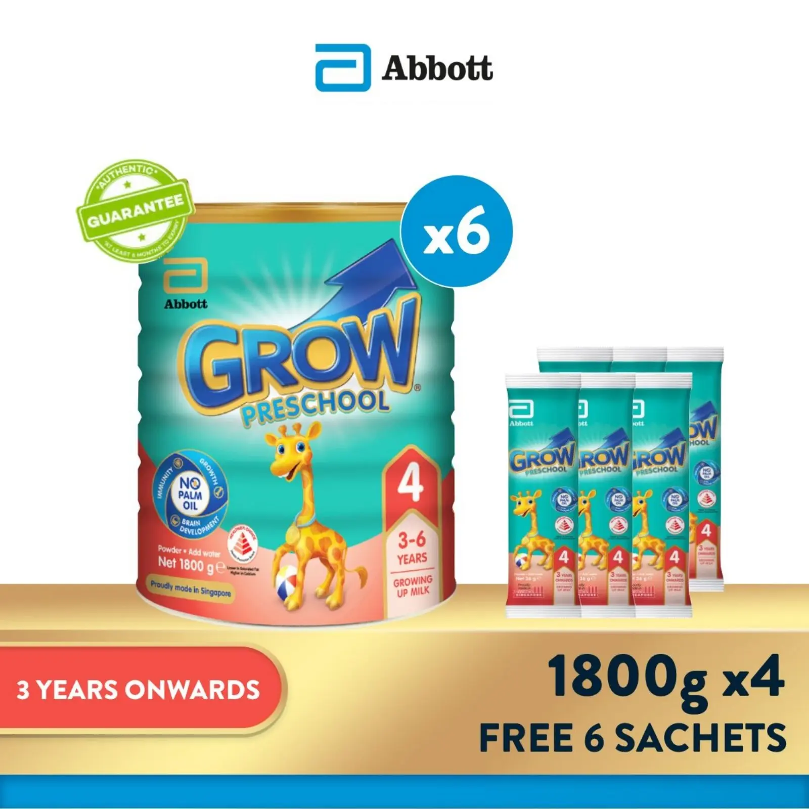 [Bundle of 6] GROW Growing Up Milk for Kids - Preschool Stage 4 (3 years onwards) - 1.8kg