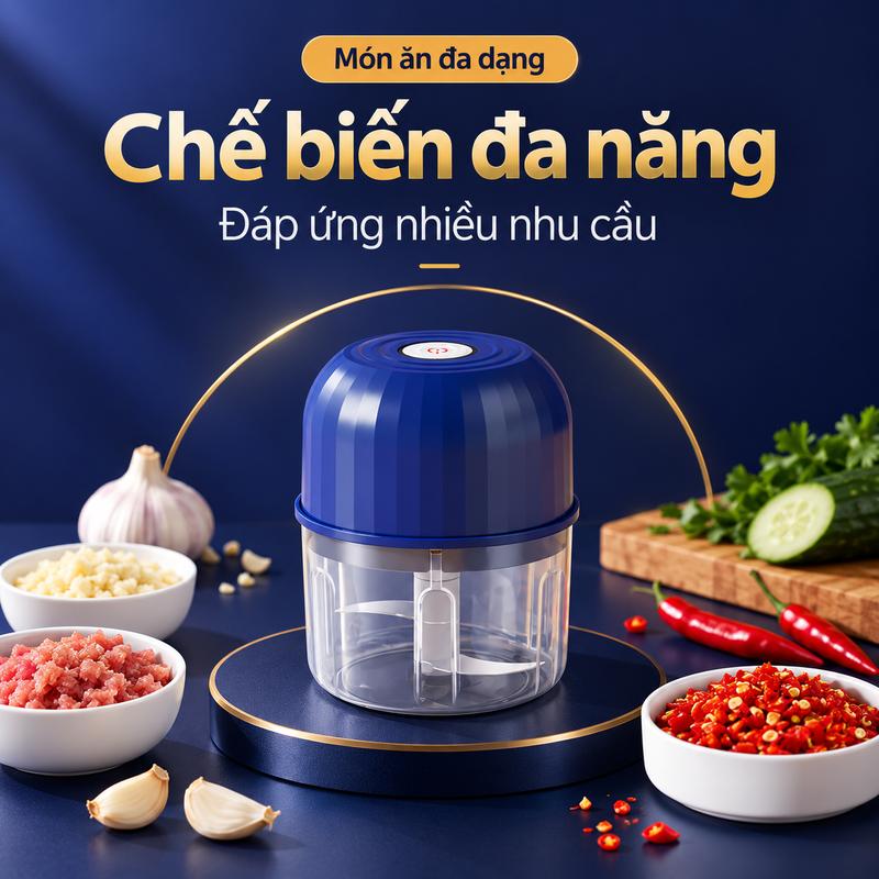 Máy Xay Tỏi Điện Mini Không Dây, Cối Xay Thực Phẩm 260ml, Lưỡi Dao Inox, Sạc Type-C