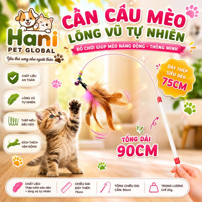 Cần Câu Lông Gà Có Chuông Cho Mèo - Đồ Chơi Tương Tác Lông Vũ Siêu Dẻo Giảm…