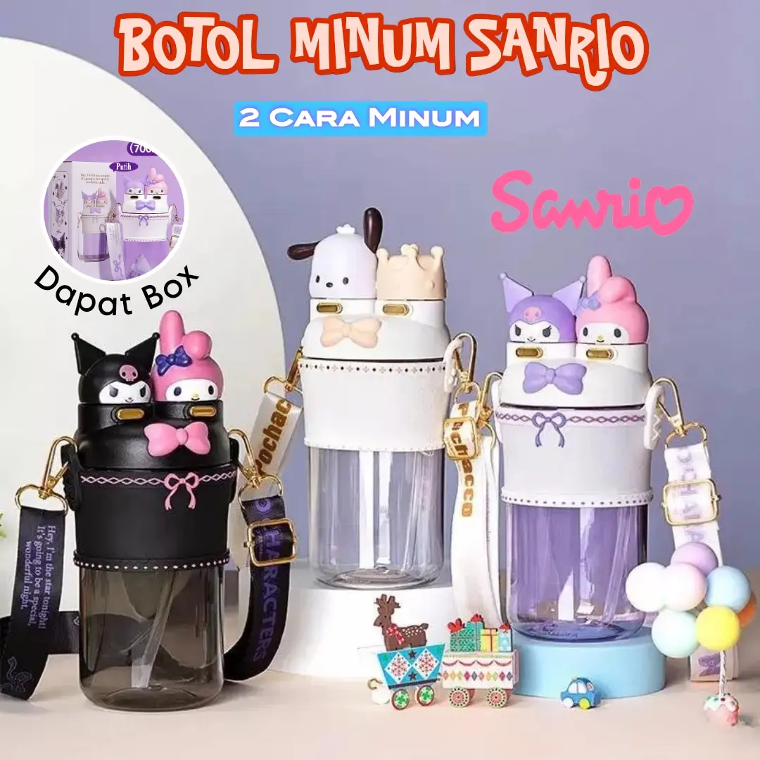 [Mskshop] Botol Minum Anak 700ml Karakter Kuromi 2in1 Model Teguk & Sedot Free Stiker 2D & 3D Sanrio Melody