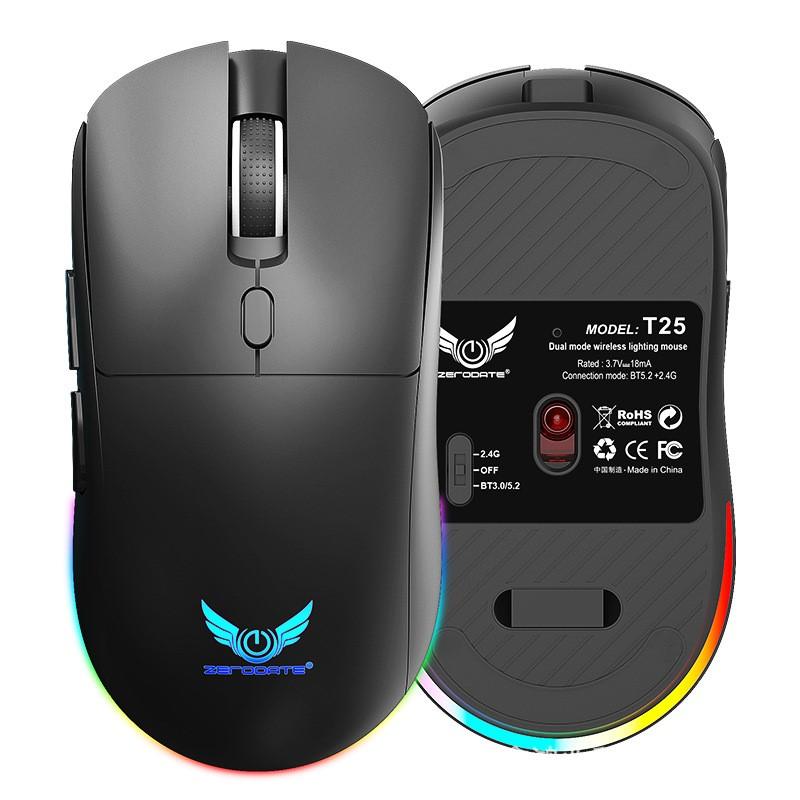 Chuột Không Dây Gaming T25 LED – Bluetooth + USB 2.4G, Pin Sạc Type-C 400mAh, 1600 DPI, Chuột Công Thái Học Cho PC Lapto