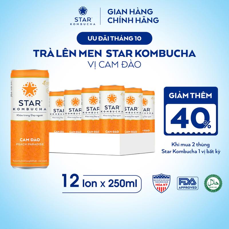 Thùng 12 lon STAR KOMBUCHA Cam Đào / Peach (250ml/lon)- Trà lên men vi sinh hỗ trợ tiêu hóa