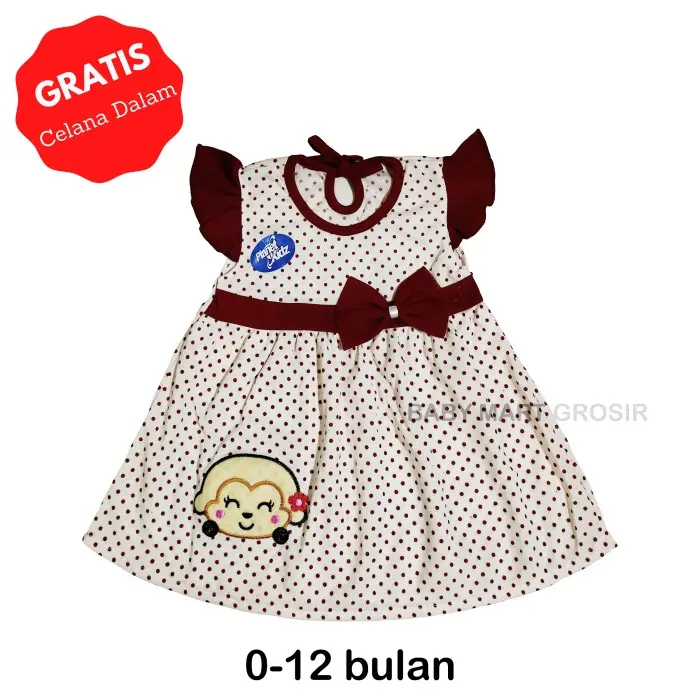 Promo Planet Kidz - Dress Monkey Merah Cream Lengan Buntung 0-12 bulan COD 0