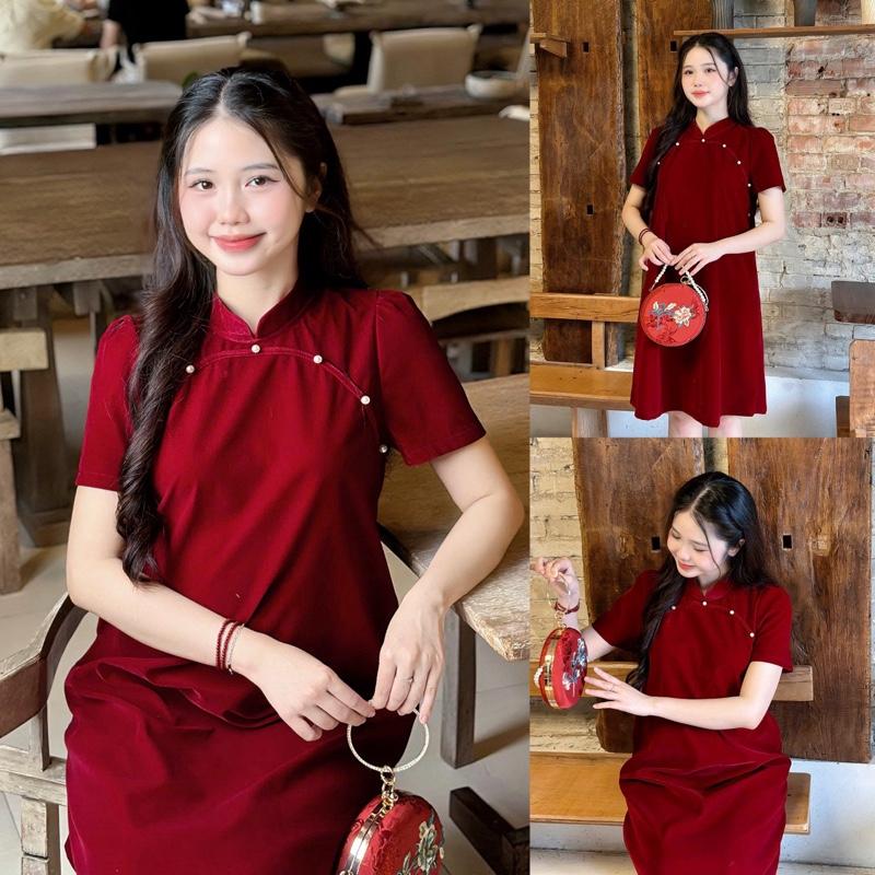 Đầm bầu Tết Luka dự tiệc áo dài cách tân cổ vai viền ngọc chất nhung đỏ đô sang trọng vải mịn form suông gọn dáng