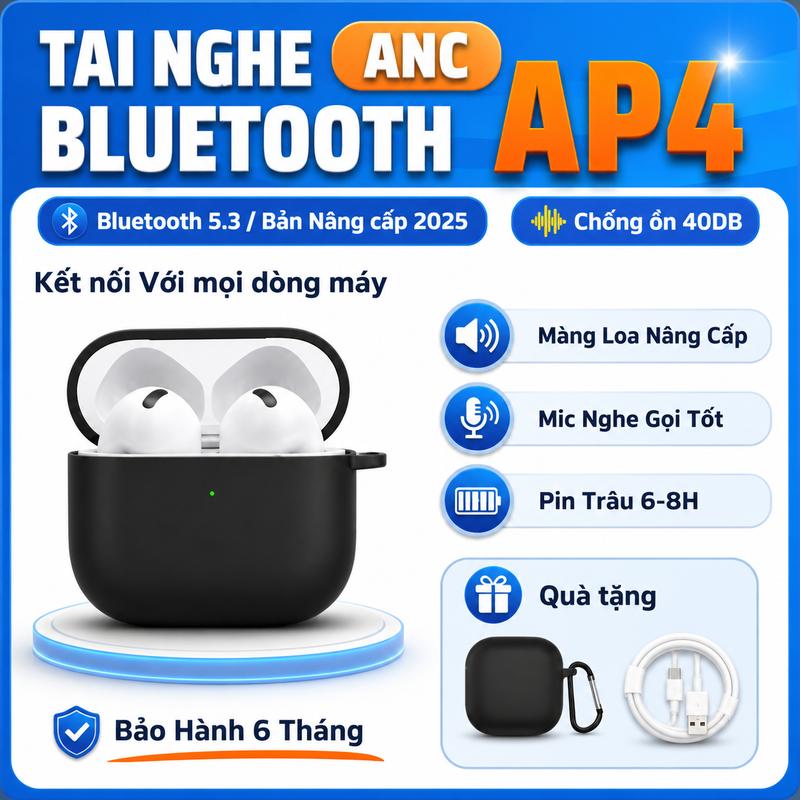 [ Full Box Tặng ốp ] Tai Nghe Bluetooth A.P4  ANC [Bản Nâng Cấp] Chống Ồn 40db Xuyên Âm Chủ Động| Kèm Ốp Bảo Vệ+ Cap Usb. Bảo Hành 6 Tháng Lỗi Đổi Mới Nhét Tai Nghe Nhạc Earphone, Micro Tích Hợp Sẵn Nghe Nhạc Bluetooth