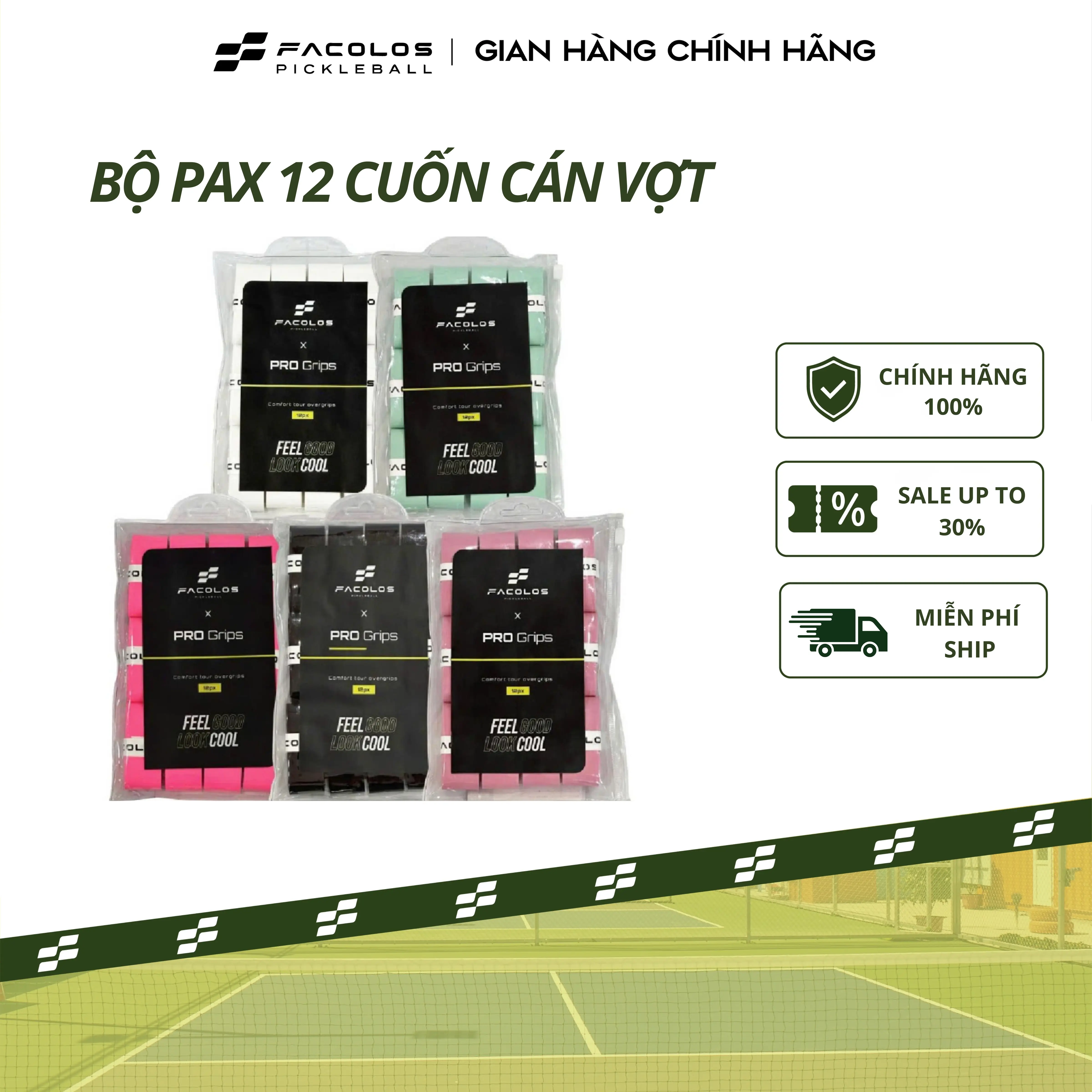 Bộ Pax 12 Cuốn cán vợt Facolos Pro Grips cao cấp chất liệu PU mềm mại, thoáng khí và thấm mồ hôi