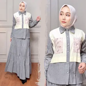 MOZHA SHAFURA. Cloth - LALUNA SETROK Setelan Wanita Kemeja dan Rok Tali Karet Bahan Katun Salur Yarn Dyed Halus Lembut Nyaman Dipakai Seharian Kancing Busui Wudhu Friendly Formal Casual Elegan Soft