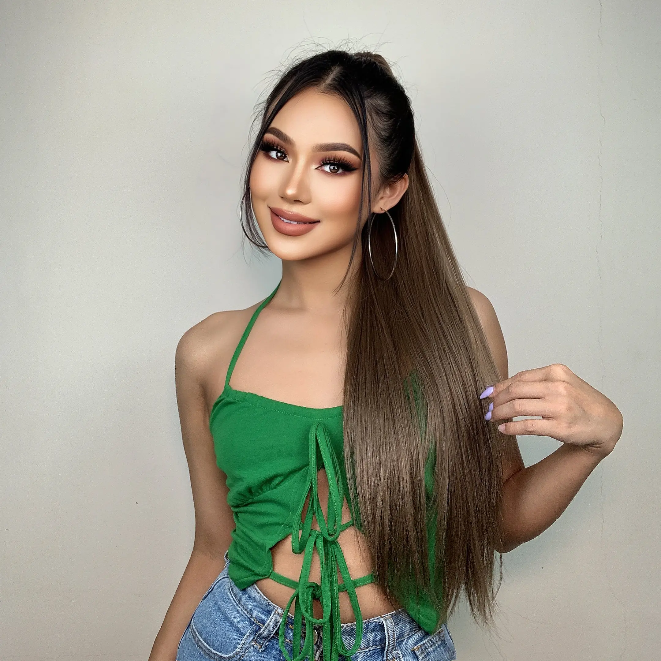 ANJA【WA-NMW009】Fashion One-piece Claw Straight Ponytail  Hair Extension Brown for Women Synthetic  for Daily Use