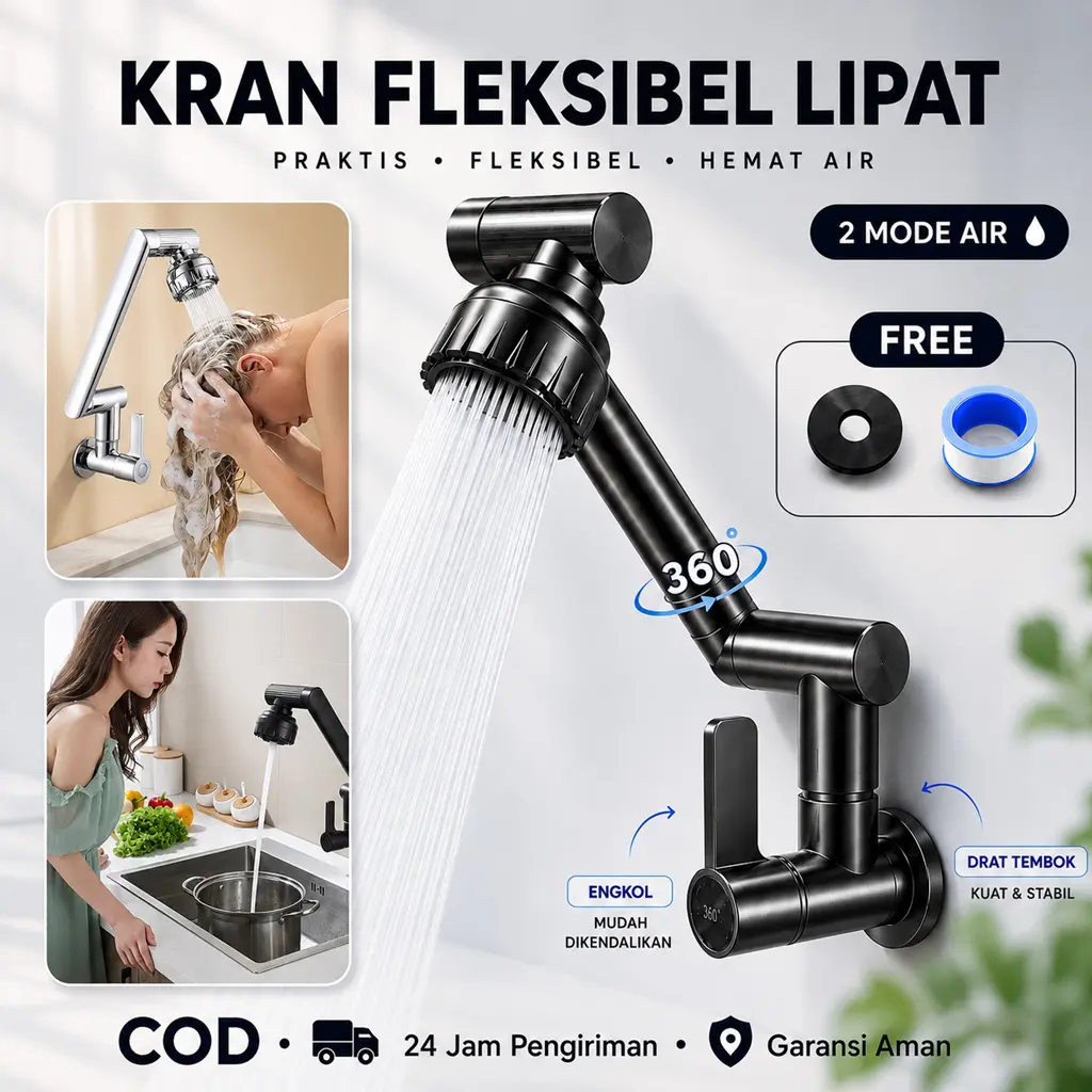 Stainless Kran Angsa Dapur Fleksibel 1080° 2 Mode Hemat Air Anti Karat Kran Cuci Piring Tembok 1/2 Inch Kran Wastafel