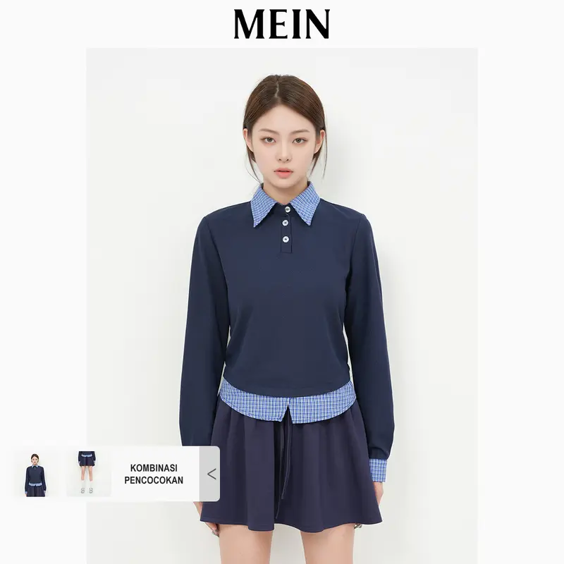 [MEIN Premium]URBAN Atasan Kerah Polo Lengan Panjang Atasan Wanita Kekinian Desain Kombinasi Gaya Dua Lapis 92048 0
