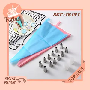 Icing Piping Bag Silikon Set 16 In 1 / Icing Piping Cake Decor Spuit + Connector + Piping Bag