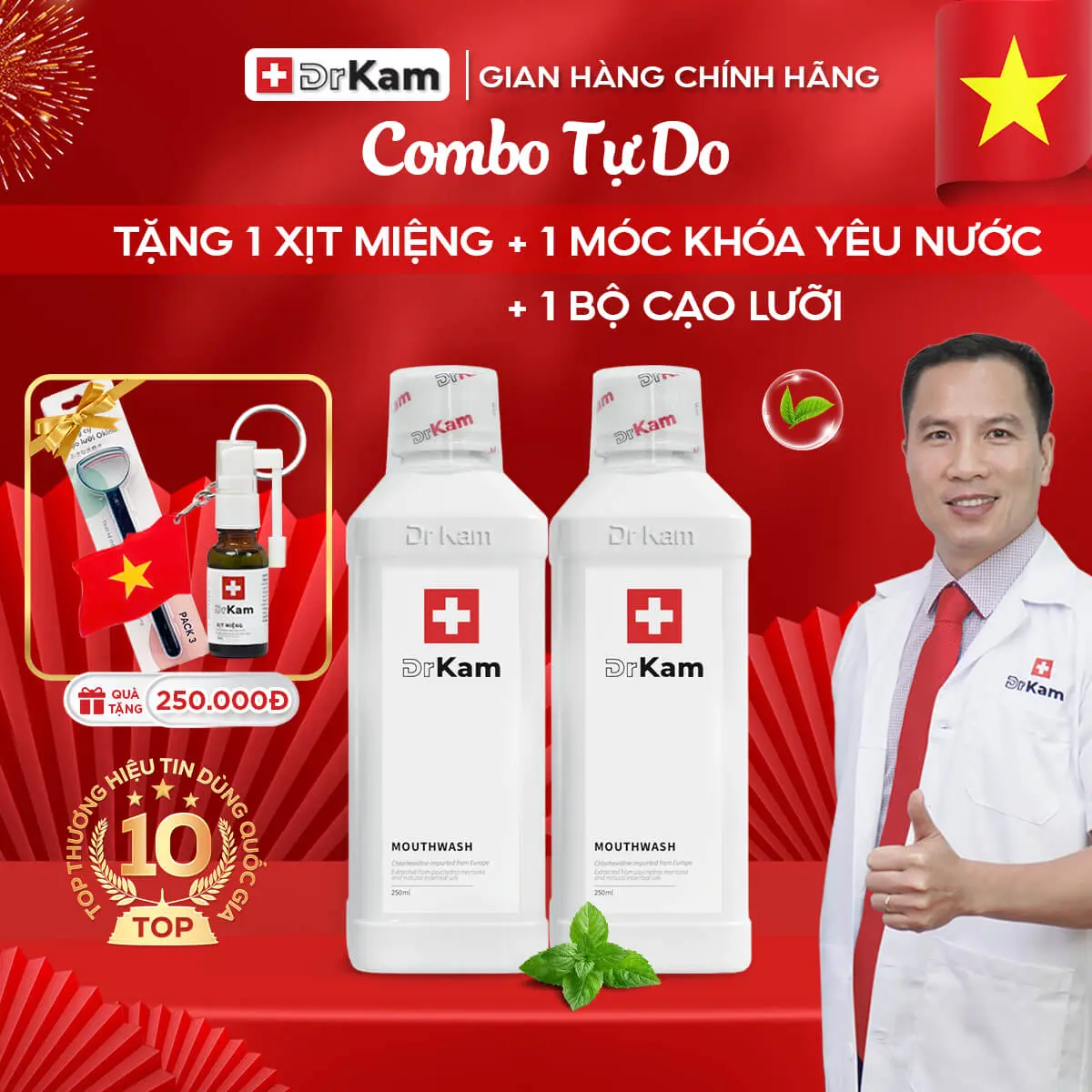 [COMBO SIÊU TIẾT KIỆM] Combo 2.Nước súc miệng chuẩn y khoa DrKam - khử hôi miệng, giảm viêm nướu. Tặng 1 xịt miệng, cạo lưỡi