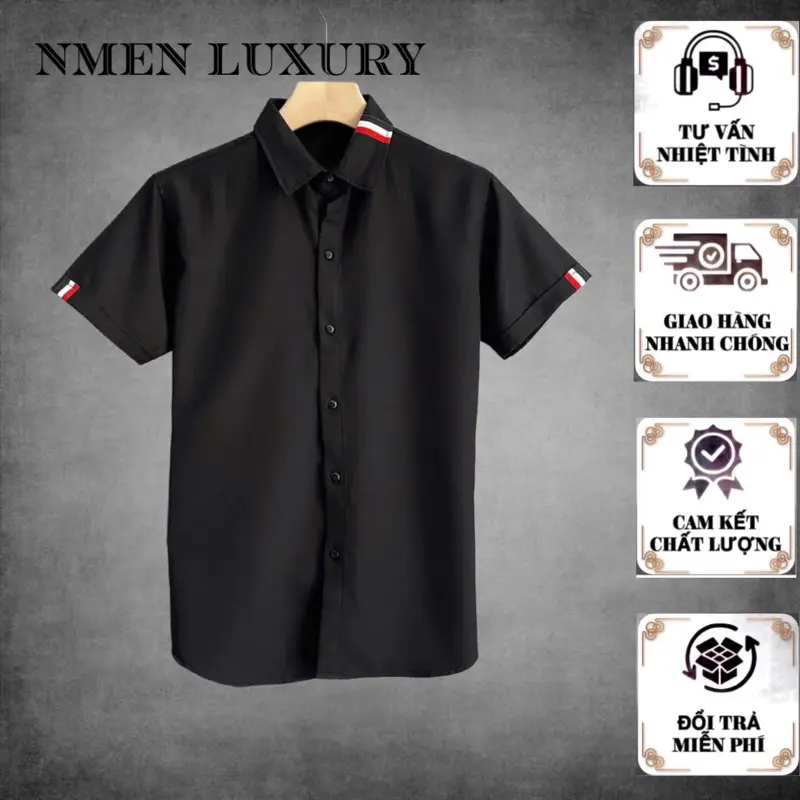 Áo Sơ Mi Nam [CAO CẤP] Tay Ngắn Trơn Phối Viền Đỏ Ngắn X2 Màu Trắng + Đen Chuẩn Form [NMEN LUXURY] Áo Menswear Jean Shirt