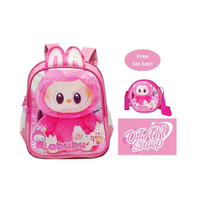 Product Introduction of Tas Ransel LABUBU Tas Anak perempuan Sekolah PAUD TK SD Tas Ransel 2 in 1 Karakter LABUBU FREE Tas Slempang Bulat - Merah Muda 7