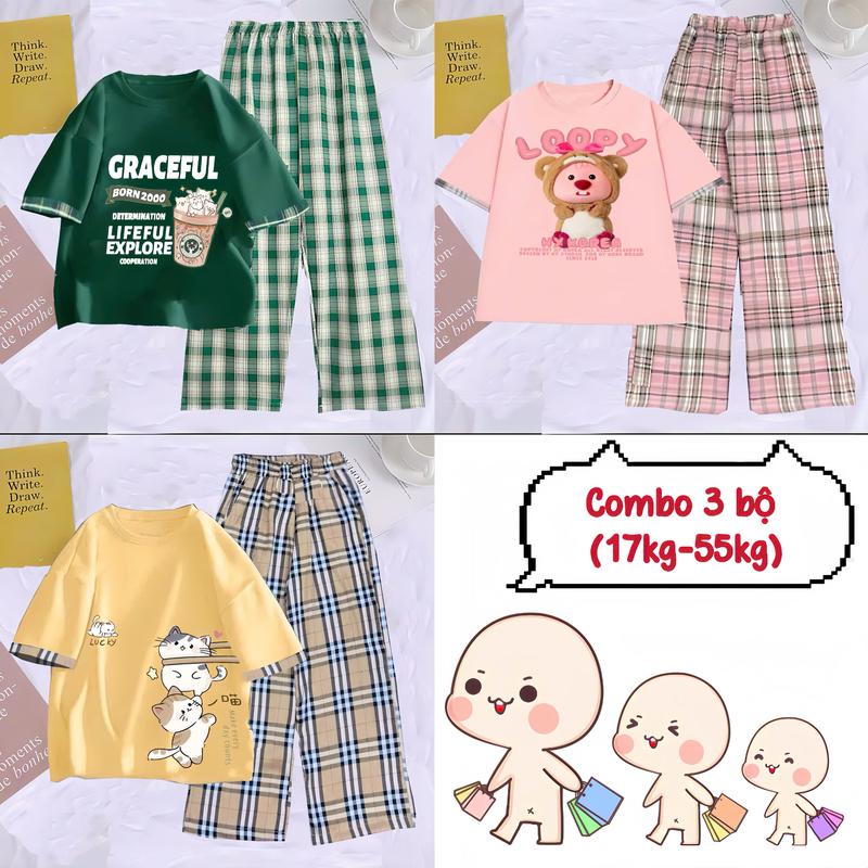   17-55kg  Combo 3 bộ áo thun họa tiết siêu xinh phối quần kẻ thô mềm cho bé gái mặc ở nhà mềm mát New  