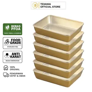 [ISCHAINDYOFC] TEXANIA ISI 6 Food Box GOLD Stainless Steel - Food Container - Tempat Menyimpan Makanan Bisa di Microwave / Oven - Kulkas Kitchenware